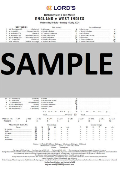 Scorecard England v West Indies Test Match