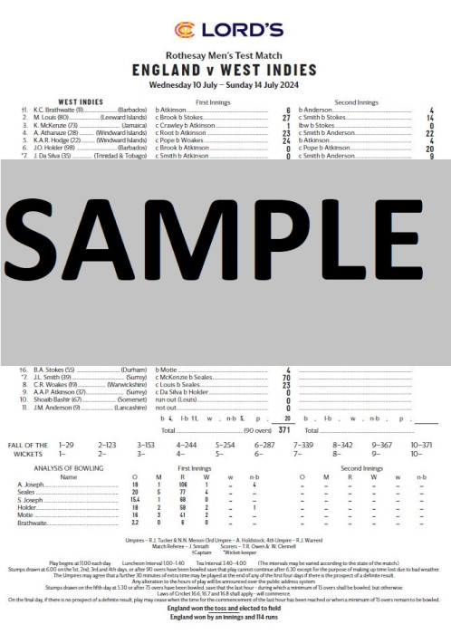 Scorecard England v West Indies Test Match 2024